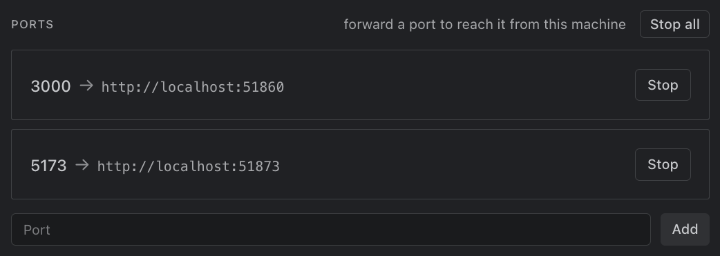 The Ports list in an SSH window's Settings, with Stop all and two forwards, 3000 to http://localhost:51860 and 5173 to http://localhost:51873, each with Stop, above a Port field and Add.