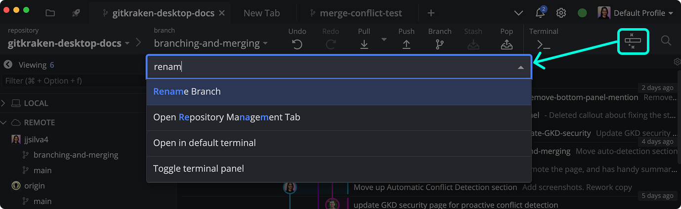 Command Palette in GitKraken Desktop showing filtered results for 'Rename Branch'