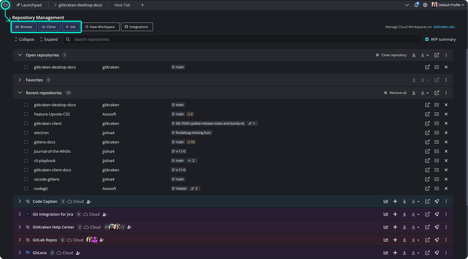Repository Management tab showing buttons for Browse, Clone, and Init, with open, favorite, and recent repositories listed by group.