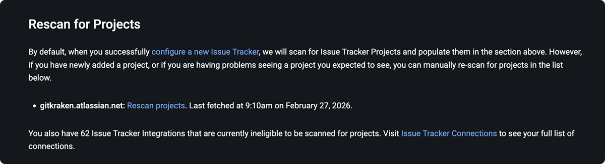 Rescan for Projects section showing a Rescan projects link for a connected issue tracker and a note about ineligible integrations