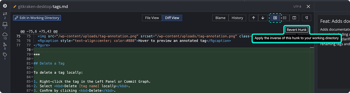 GitKraken Desktop showing the Revert Hunk button in the diff view, with a tooltip explaining it will reverse the selected code changes in the working directory.