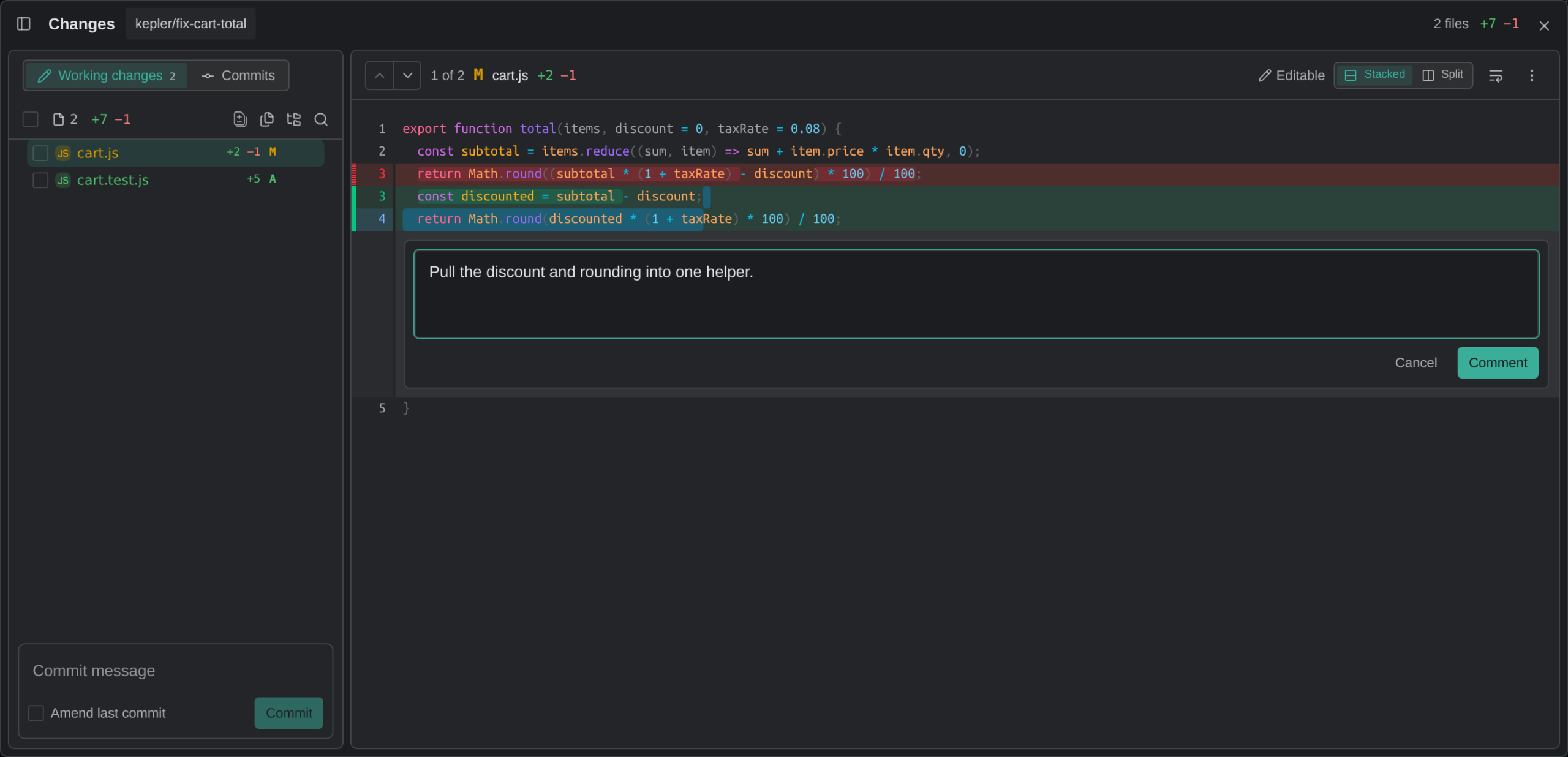 The Changes overlay with text selected across lines 3 and 4 of cart.js and a review comment draft open beneath them, reading Pull the discount and rounding into one helper, with Cancel and Comment buttons.