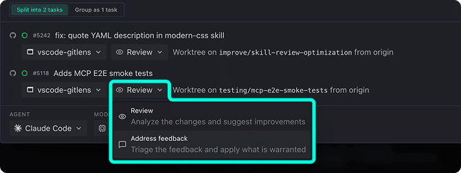 The agent mode dropdown on a PR Task row showing Review (Analyze the changes and suggest improvements) and Address feedback (Triage the feedback and apply what is warranted) options