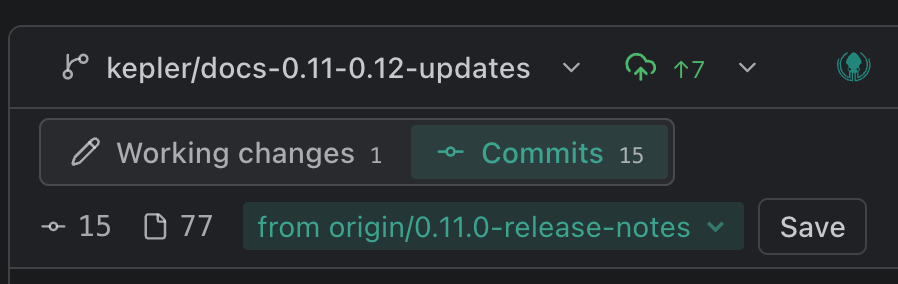 The Changes panel for kepler/docs-0.11-0.12-updates on the Commits tab, comparing from origin/0.11.0-release-notes, with a Save button beside the picker.