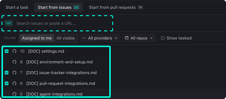 The Start from issues tab showing the search bar highlighted with a teal dashed border and labeled 'Search issues or paste a URL…', with a filter bar below and a list of issues with checkboxes, several already checked