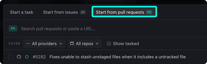 The Start from pull requests tab showing a search bar and a list of open pull requests from connected providers