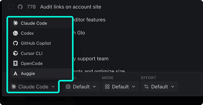 Session configuration bar showing the Agent dropdown open with Claude Code, Codex, and OpenCode options, alongside Mode, Model, and Effort dropdowns all set to Default