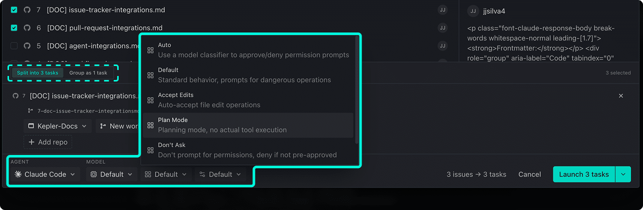 Three issues selected in the Start from issues tab, showing Split into 3 tasks and Group as 1 task buttons highlighted, the Mode dropdown open with Auto, Default, Accept Edits, Plan Mode, and Don't Ask options, and the bottom bar showing Claude Code as the agent and 3 issues → 3 tasks with a Launch 3 tasks button