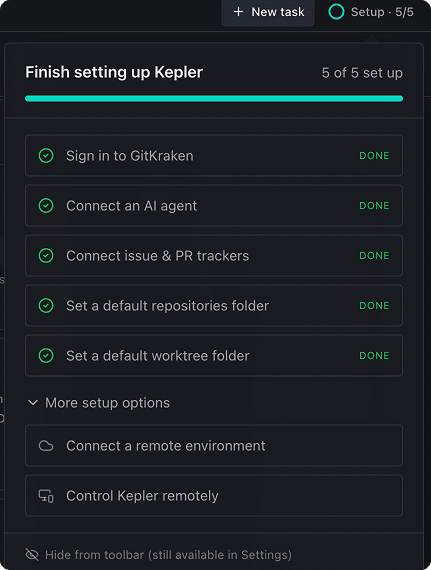 The Finish setting up Kepler checklist showing 5 of 5 items marked DONE and More setup options expanded to reveal Connect a remote environment and Control Kepler remotely