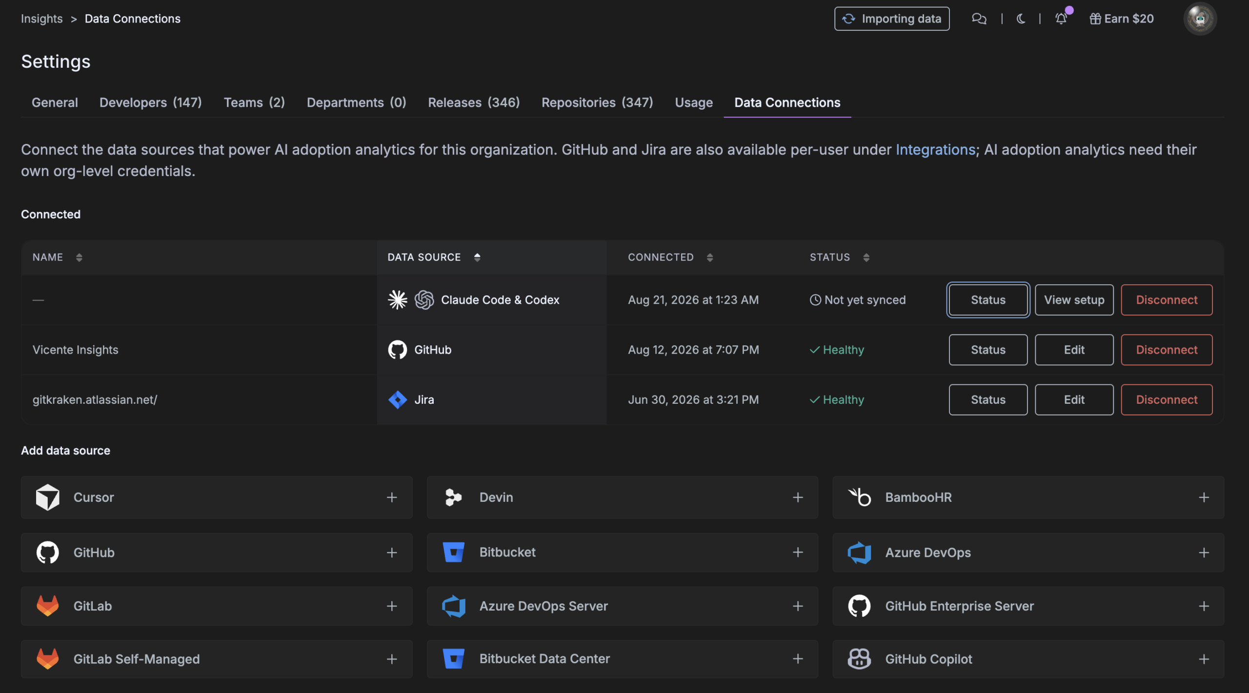 The Data Connections tab of Insights Settings, showing a Connected table with Claude Code and Codex, GitHub, and Jira rows alongside their sync status, and an Add data source grid listing Cursor, Devin, BambooHR, GitHub, Bitbucket, Azure DevOps, GitLab, Azure DevOps Server, GitHub Enterprise Server, GitLab Self-Managed, Bitbucket Data Center, and GitHub Copilot