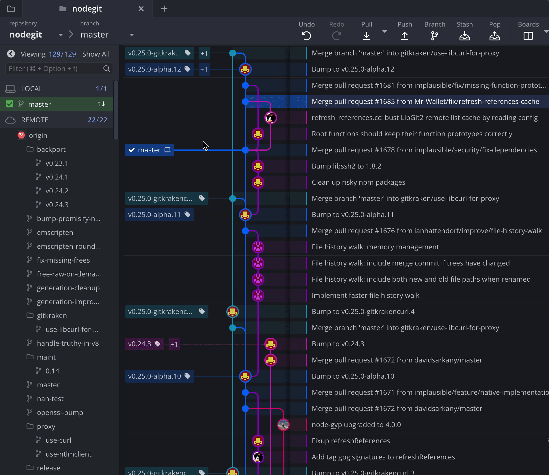 Animated demonstration of soloing and hiding branches in GitKraken Desktop's Left Panel