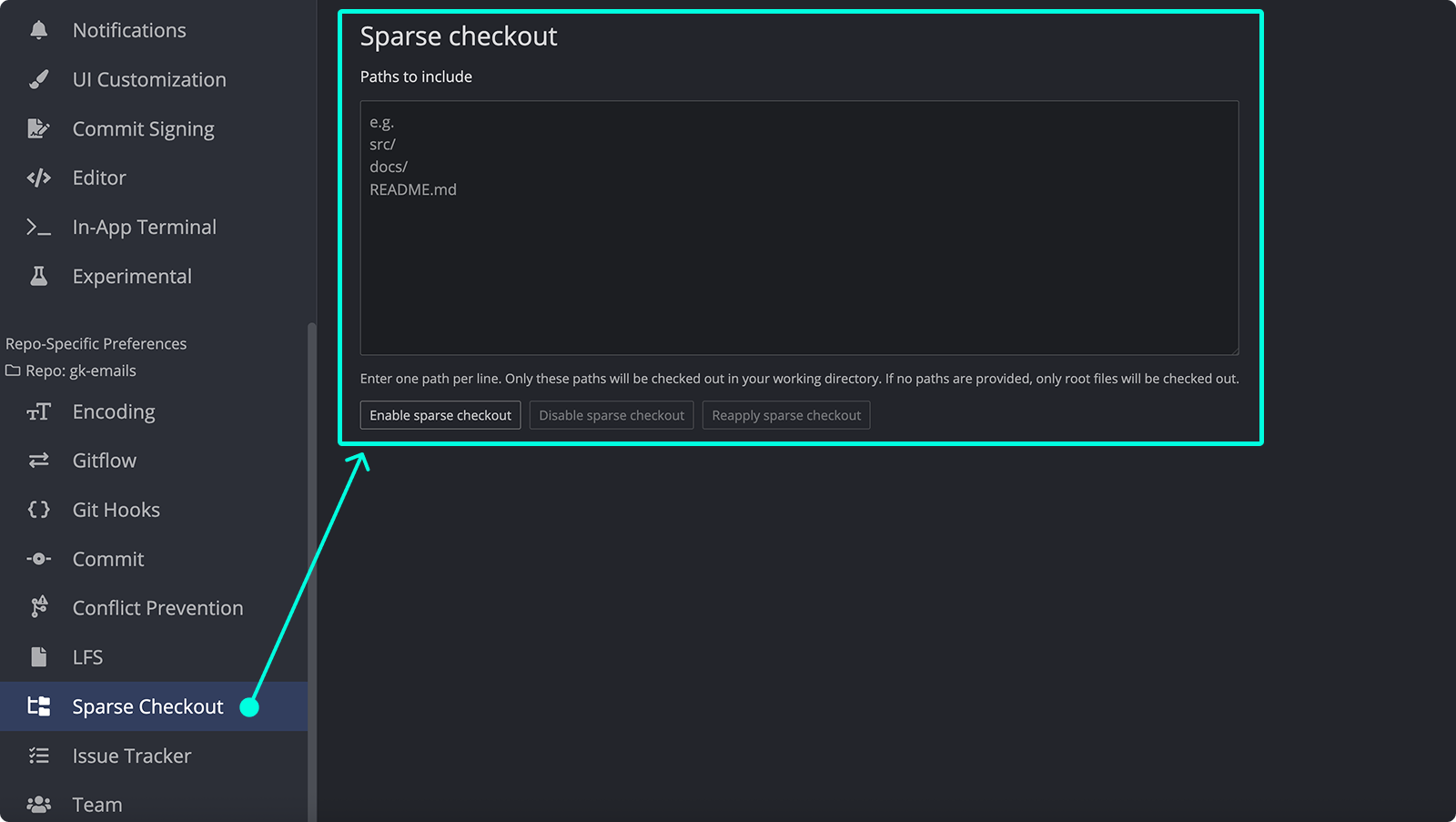 GitKraken Desktop Repo-Specific Preferences panel open to the Sparse Checkout section, showing a Paths to include text field and three action buttons: Enable sparse checkout, Disable sparse checkout, and Reapply sparse checkout