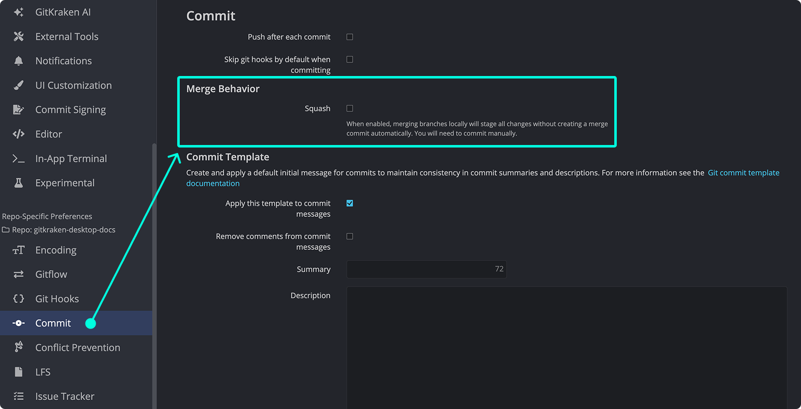 GitKraken Desktop Preferences panel open to the Commit section, with the Merge Behavior area highlighted showing the Squash checkbox and its description: 'When enabled, merging branches locally will stage all changes without creating a merge commit automatically. You will need to commit manually.'