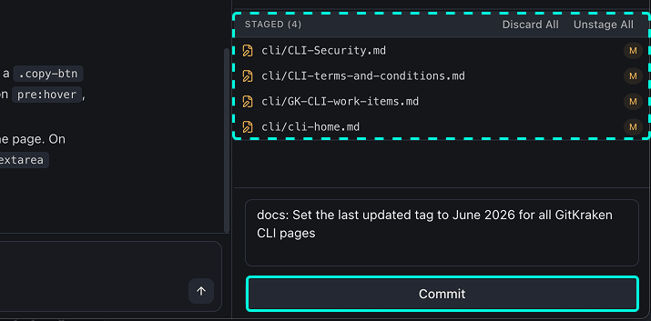 STAGED panel showing four modified files with Discard All and Unstage All buttons, a pre-populated commit message, and the Commit button