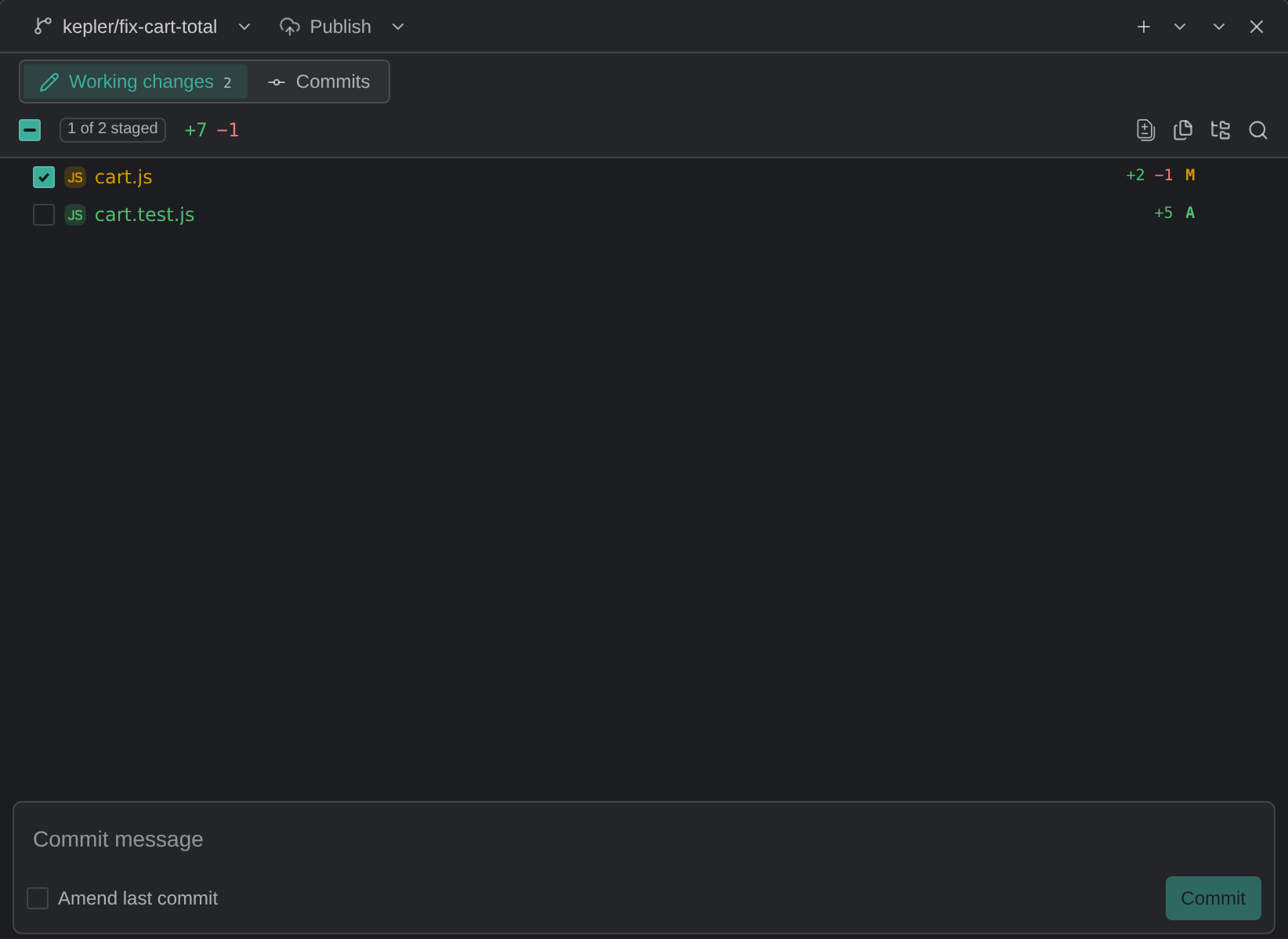 Working changes in a worktree's Changes column, with a checkbox on each file row and cart.js ticked. The header box is partly checked and its badge reads 1 of 2 staged. Below the files sits the commit box, with Commit message, Amend last commit, and Commit.