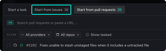 The Task Launcher showing three tabs — Start a task, Start from issues (highlighted with a teal border, showing 22 issues), and Start from pull requests — with an issue list and filter bar below