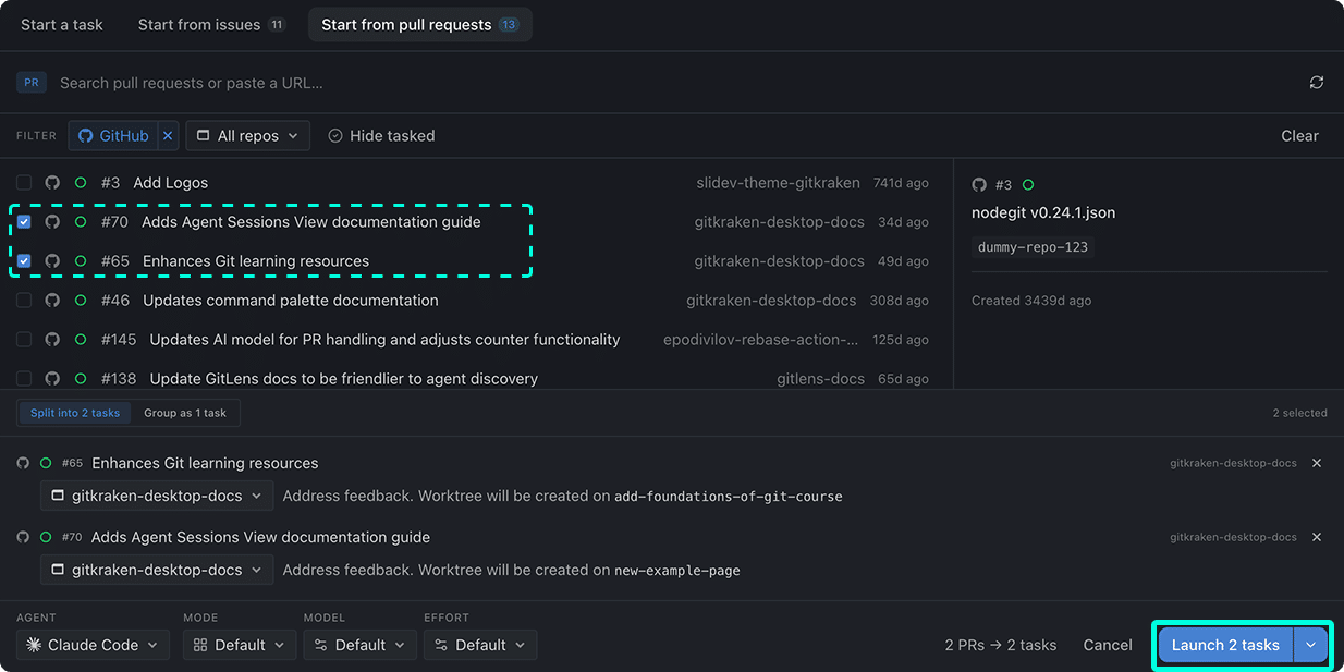 The Start from pull requests tab with two PRs selected, showing Split into 2 tasks and Group as 1 task options, two Task preview rows each showing the repo and the worktree branch Kepler will create, and the bottom bar showing 2 PRs → 2 tasks and the Launch 2 tasks button