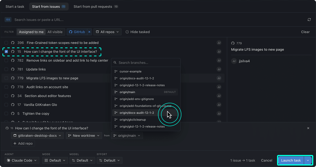 The Start from issues tab showing a filtered issue list with one issue selected, a Task preview row with repo, worktree type, and base branch selectors, and the bottom bar showing 1 issue → 1 task and the Launch task button