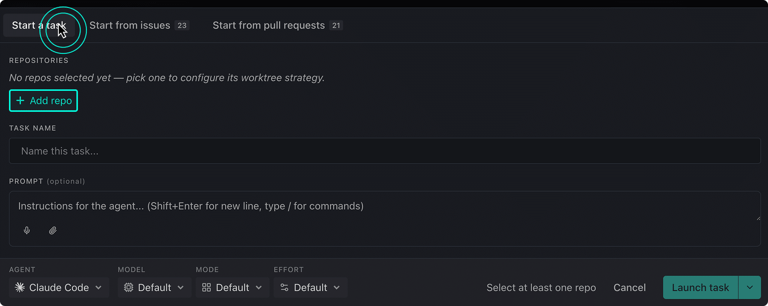 The Start a task dialog in Kepler showing the Repositories section with an Add repo button, Task Name field, Prompt field, and Agent, Model, Mode, and Effort dropdowns at the bottom