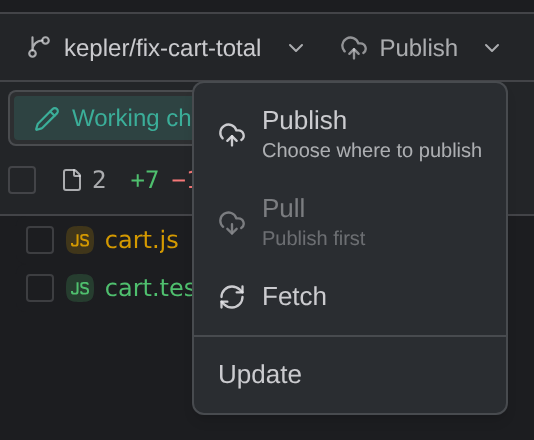 The sync control's chevron menu open beside the Publish button of a branch with no upstream yet, listing Publish (Choose where to publish), Pull, unavailable until it is published, and Fetch, then Update.