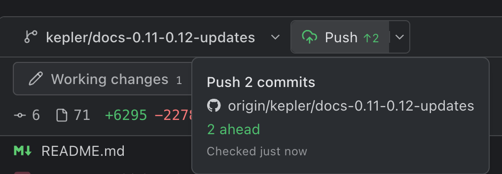 The worktree strip's sync control reading Push with 2 commits ahead, and its card open: Push 2 commits, the remote branch it pushes to, 2 ahead, and Checked just now.