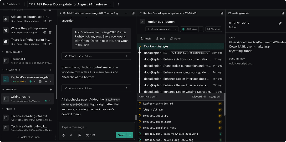 The three content columns side by side: a session conversation, a worktree's changes, and a resource's details