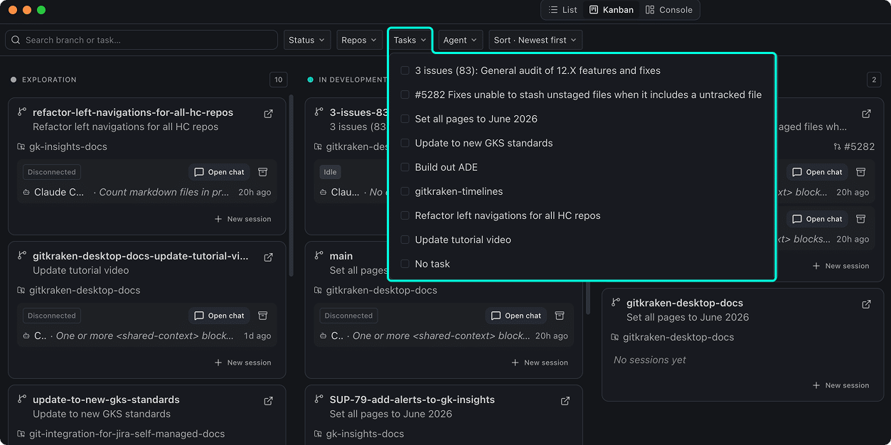 Kanban view with the Tasks filter dropdown open, listing task names as checkboxes with a No task option at the bottom