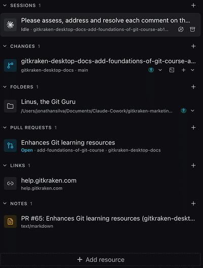 The task view's left rail, showing Sessions, Changes, Folders, Pull requests, Links, and Notes groups, with Add resource at the bottom