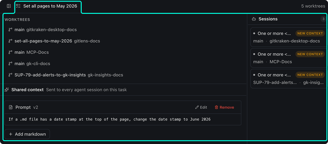 A Kepler Task named 'Set all pages to May 2026' showing 5 worktrees across multiple repos on the left, 3 agent sessions with NEW CONTEXT badges on the right, and a Shared context section with a prompt card at the bottom