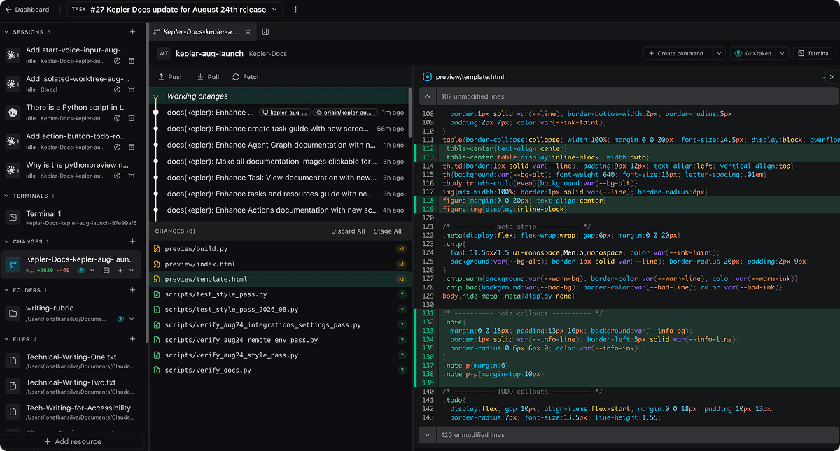 A task's worktree column with the commit graph and working changes on the left, and a file diff open on the right