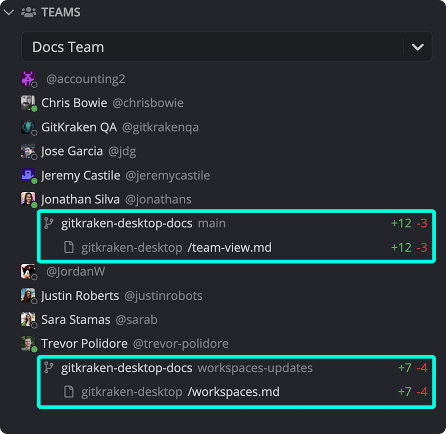 Team View showing branches and files with changes
