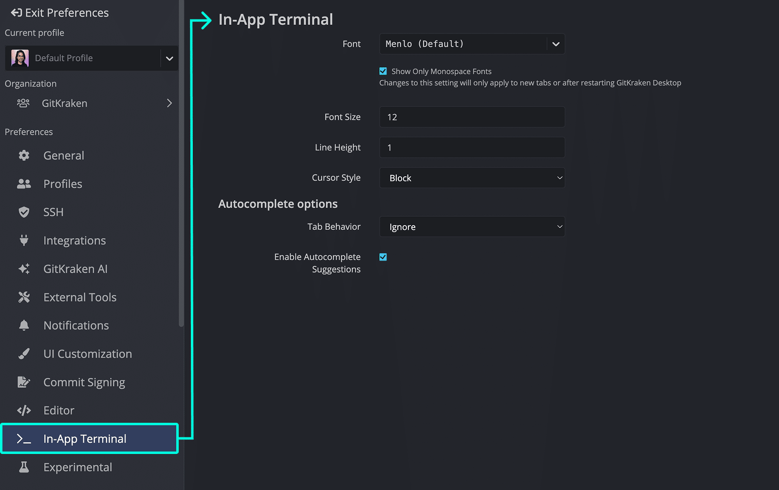 Terminal preferences in GitKraken
