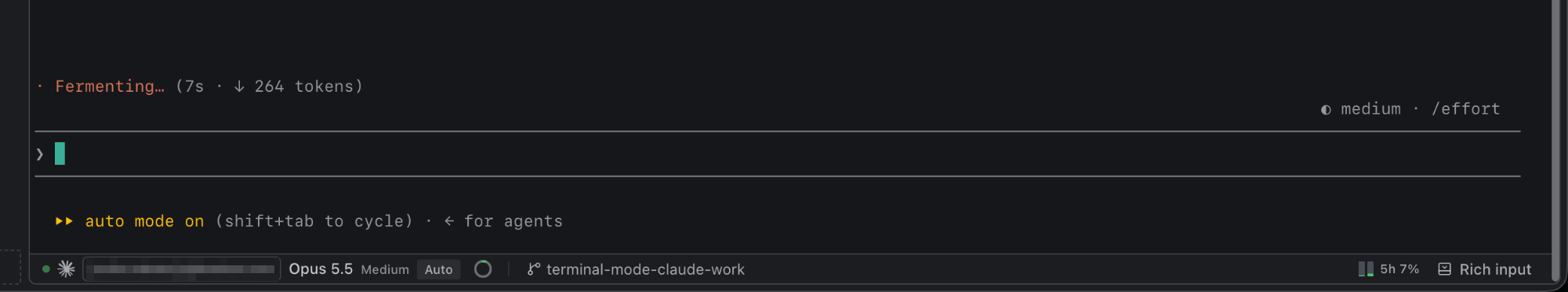 A Claude Code session running in Terminal mode, with the CLI's own prompt above Kepler's status bar. The bar shows a green status dot, the agent and account, Opus 5.5 at Medium effort in Auto mode, the context ring, the branch, the 5-hour usage meter, and Rich input.