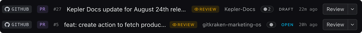A Todo row showing the provider, type badge, role, reference, title, repository, session activity, status pill, assignee, and Action button