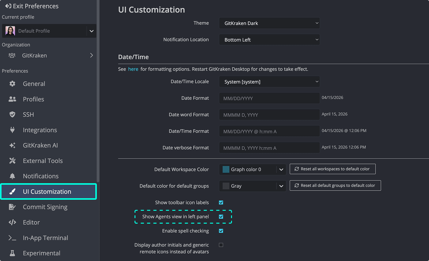GitKraken Desktop Preferences highlighting the Show Agents view in left panel setting that controls whether the List and Agents toggle appears in the Left Panel.