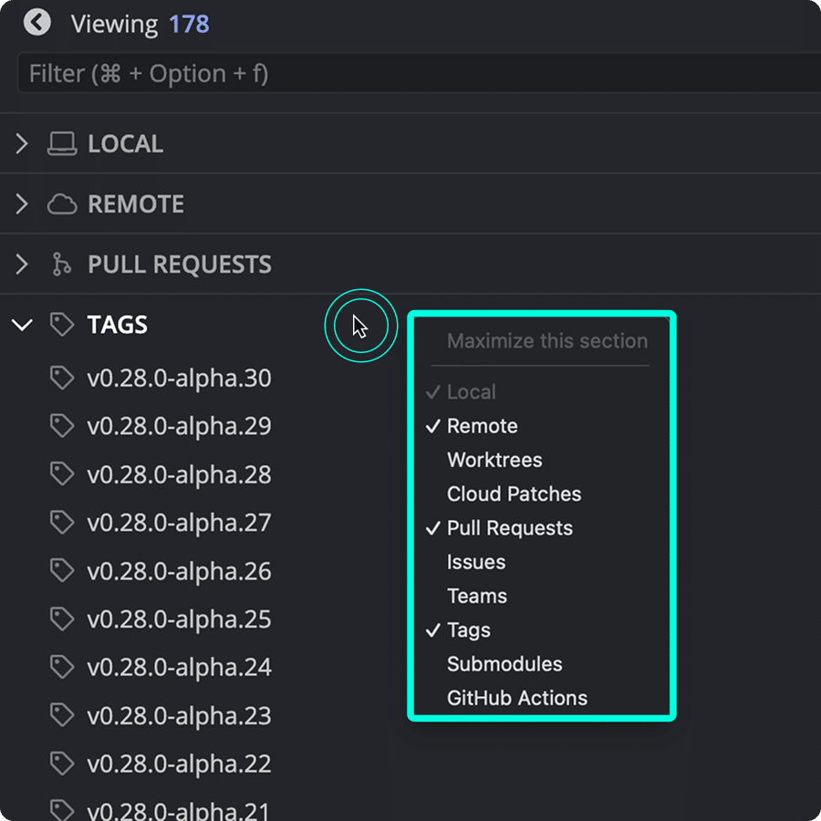 GitKraken Desktop Left Panel showing the toggle pane menu with options to show or hide sections like Remote, Pull Requests, Tags, and Submodules