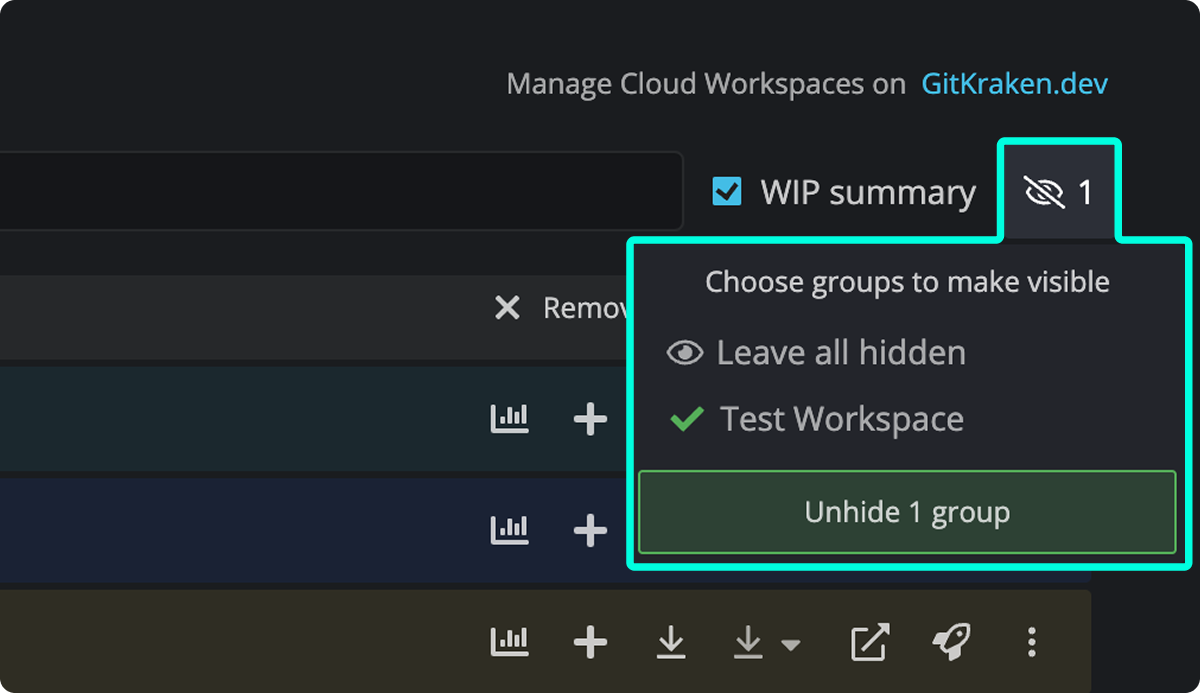 GitKraken Desktop interface showing the option to unhide a group from the workspace list via the visibility settings menu.