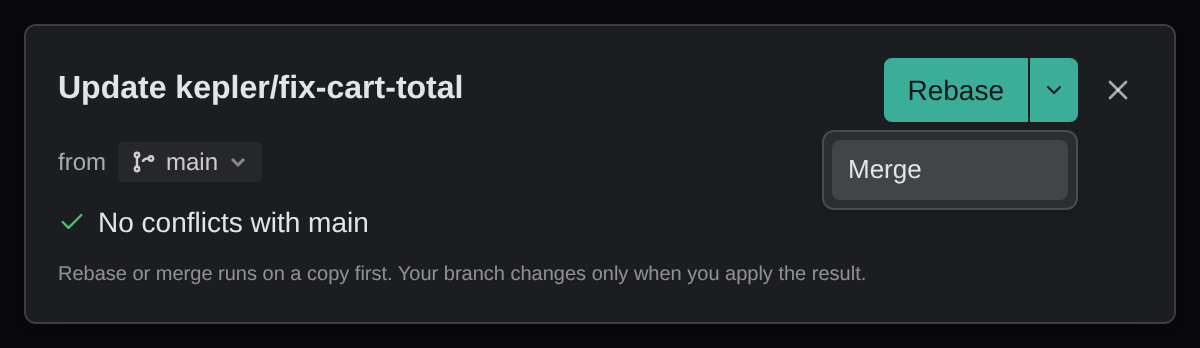 The update view for kepler/fix-cart-total, updating from main, reporting No conflicts with main, with the Rebase button's menu open on Merge and a note that the rebase or merge runs on a copy first.