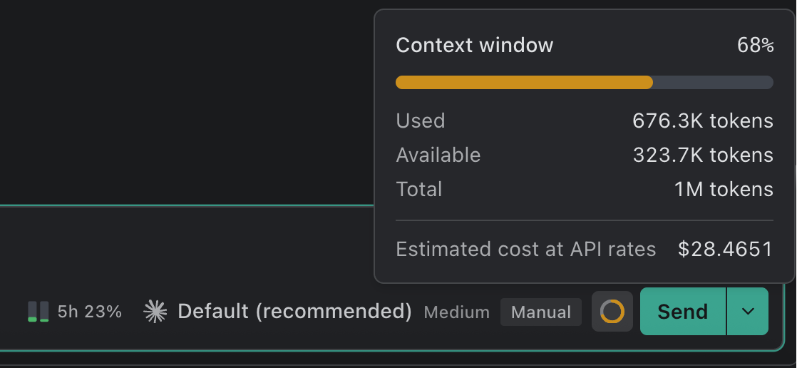 The Context window card open above the composer's context ring, at 68%, listing tokens Used, Available, and Total, and the Estimated cost at API rates.