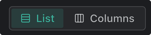 The View control open, showing List and Columns as layout options