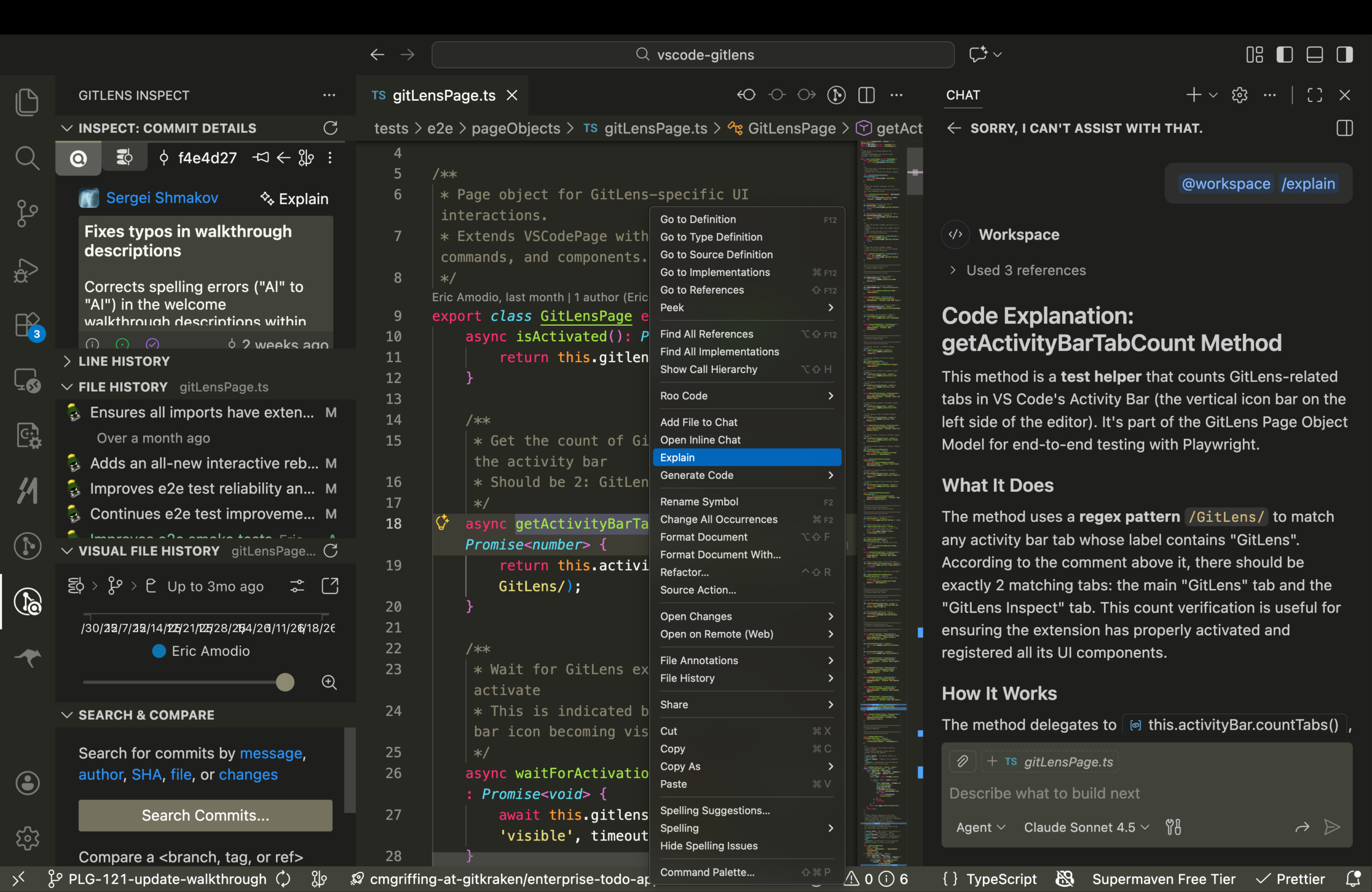 A screenshot GitKraken AI Explain functionality