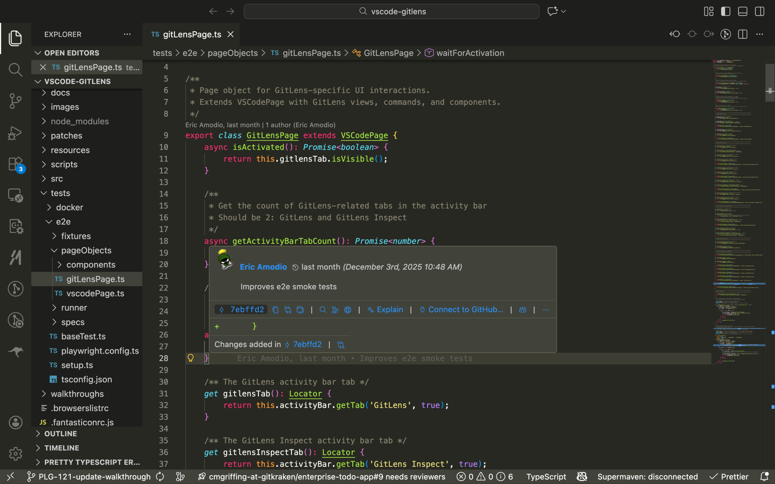 A screenshot of the Inline Blame in VS Code with GitLens also showing the popup when you hover the annotation.