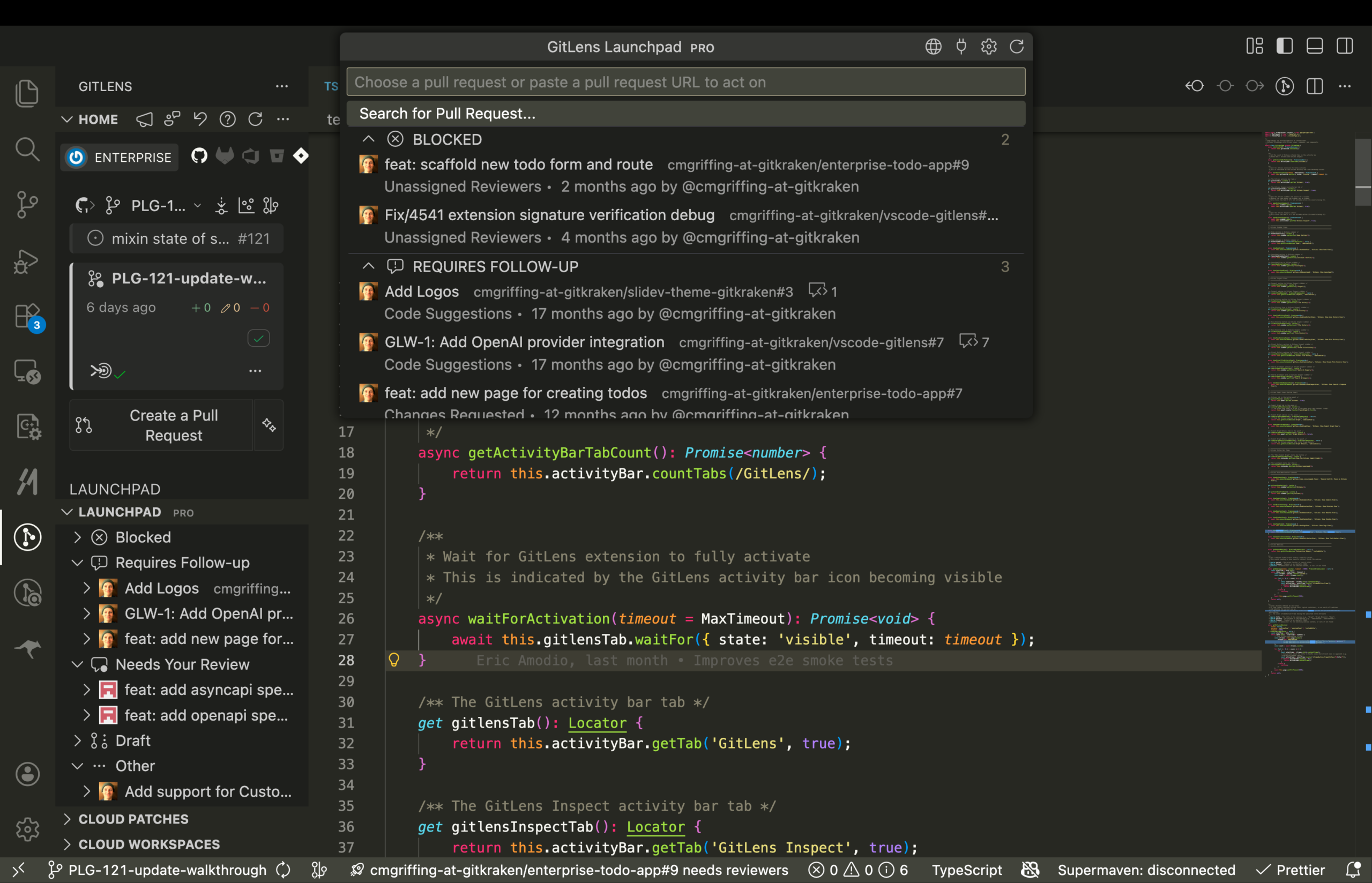 A screenshot of the GitLens Launchpad in the sidebar and via the Command Palette