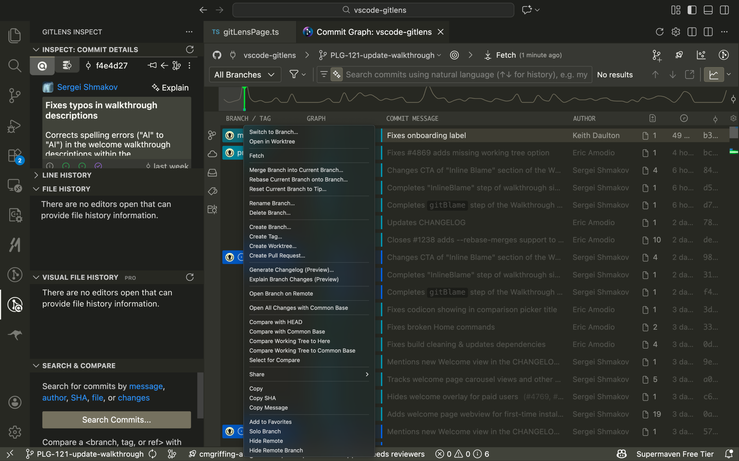 A screenshot of the Commit Graph context menu showing all of the options available