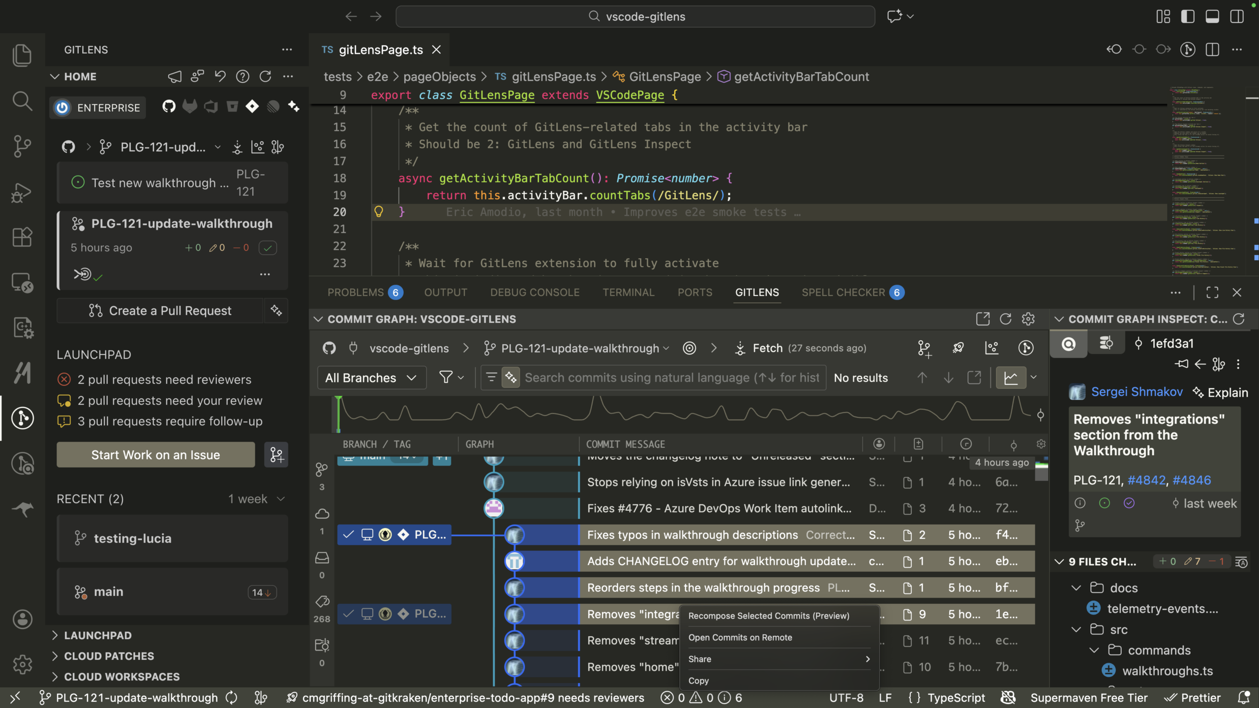 A context menu within the Commit Graph showing the Recompose Selected Commits option