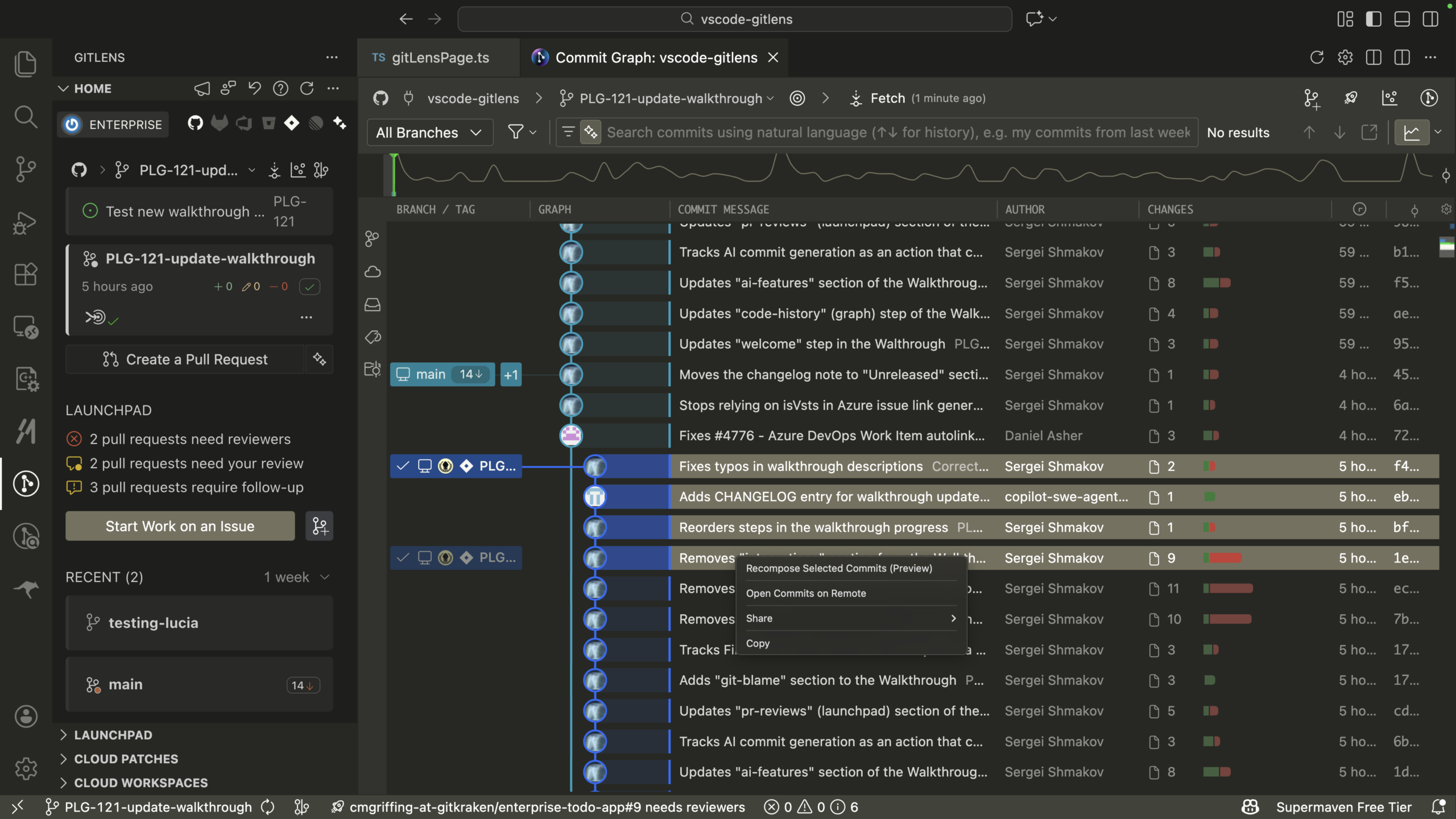 A context menu within the Commit Graph showing the Recompose Selected Commits option