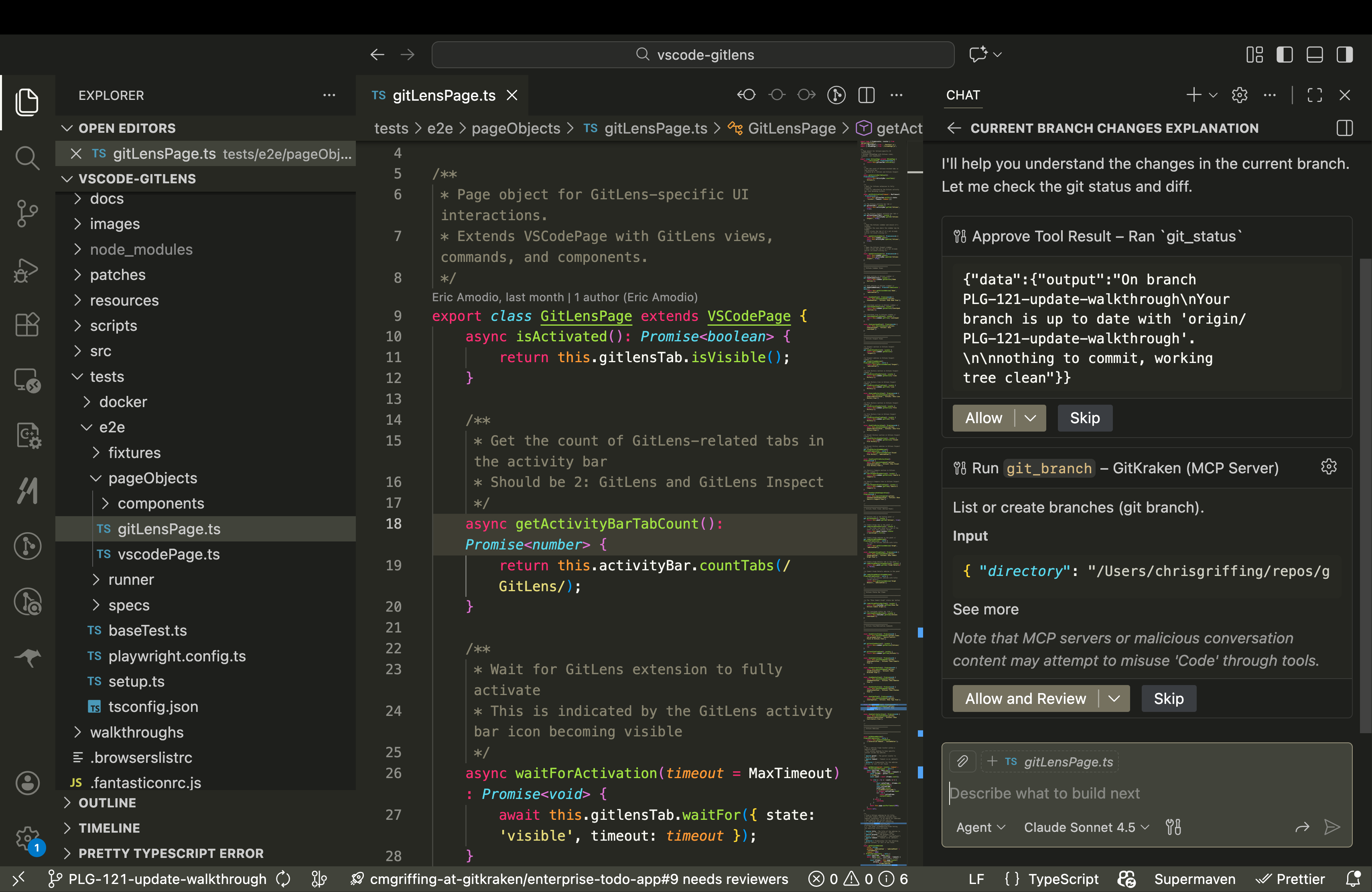 A screenshot of the GitKraken MCP server using the git_branch tool within the VS Code chat panel