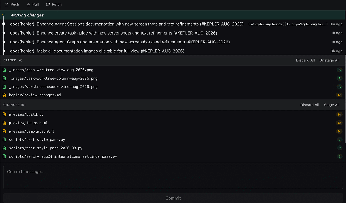 The Working changes view, with a Staged section and an unstaged Changes section, each with Discard and Stage/Unstage controls, above the commit message box