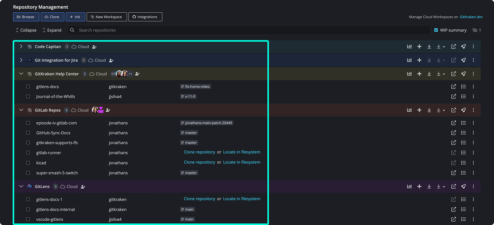 GitKraken Desktop showing multiple cloud Workspaces, each grouping related repositories with options to clone, locate, or manage them.